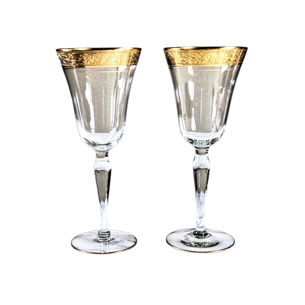 VINTAGE TIFFIN GOLD ENCRUSTED RIM TRIM OPTIC RAMBLER ROSE WINE OR WATER GOBLET 2